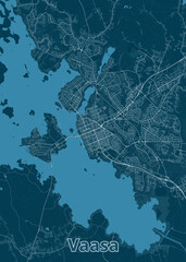 This is a detailed map of Vaasa, Finland, showcasing its street network and surrounding waterways. The map is rendered in a minimalist style with white lines representing roads.
