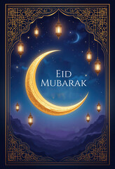 Eid Mubarak Greeting Card Vector illustration, Crescent and Lantern Template, using generative ai