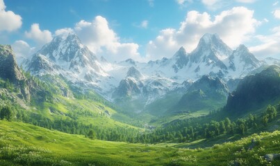 Fototapeta premium Sunlit alpine valley with snow-capped peaks