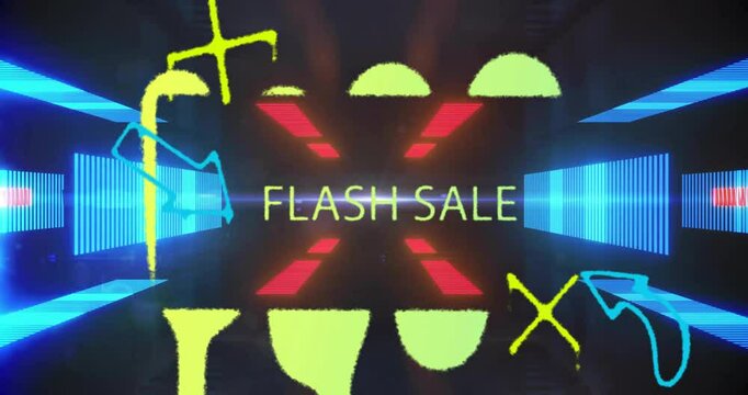 Flash sale text with colorful abstract shapes and glowing lights animation