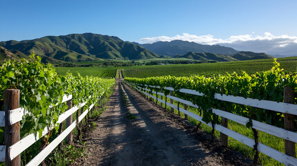 Fototapeta premium Sunlit Vineyard Rows with White Fence and Distant Hills