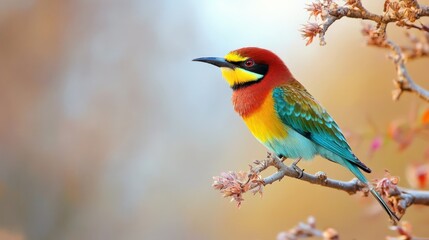 Obraz premium Colorful bird perches on branch, autumn leaves & blurred light-brown background, outdoors, nature