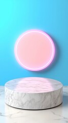 White marble cylindrical podium with pink neon circle light on a light blue background. Minimalist product display scene.