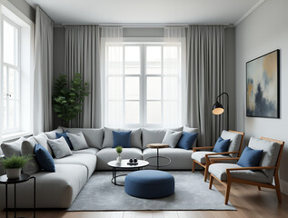 Fototapeta premium Minimalist interior design of modern living room, home. Grey sofa, lounge chairs and blue pouf against window dressed with white and grey curtains in room with greenery 