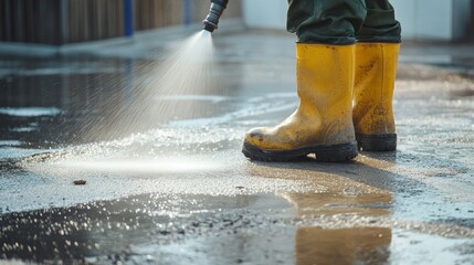 Professional worker using power washer to deep clean concrete driveway for home maintenance services