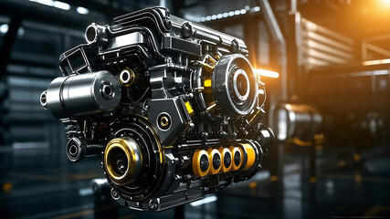 Powerful engine wallpaper background in HDR quality with detailed mechanical components. High tech, industrial design perfect for automotive, machinery, and engineering themes