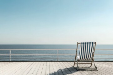 Deck chair by the ocean under clear sky Generative AI