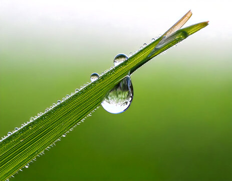 Macro shot of dewdrop on vibrant green grass blade.  Natures beauty, perfect for eco, spring, or freshness concepts. Ideal for websites, blogs, or print. Evokes serenity  renewal.