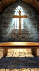 Naklejka premium Wooden cross in stone church, light beams, simple wooden bench in front. Tranquil, spiritual atmosphere. High contrast lighting. Medieval architecture. 