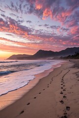 Fototapeta premium Serene Beach Sunset Tranquil Ocean Waves, Colorful Sky & Mountain