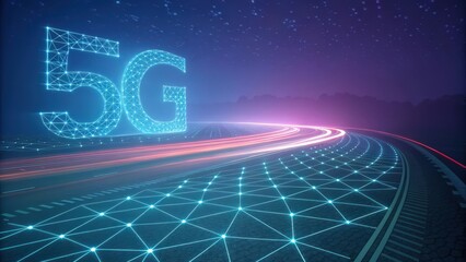Fototapeta premium a dynamic visualization of 5G technology with luminous lines forming a digital network over a road, and a blue-purple backdrop.