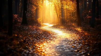 Sunlit path winding through autumnal forest