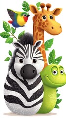 Naklejka premium Friendly cartoon zebra, giraffe, and lizard surrounded by lush green leaves and a colorful bird. Whimsical illustration, perfect for children's books or educational materials.