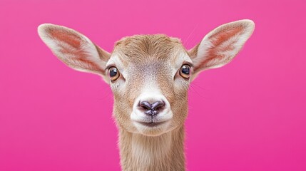 Obraz premium Close up portrait of a young deer against a vibrant pink background. The deer has large ears, soft brown fur, and a curious expression. The image is brightly lit, creating a cheerful and playful mood.