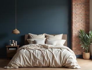 Bed with beige bedding against dark blue wall and brick wall. Scandinavian interior design of modern bedroom.