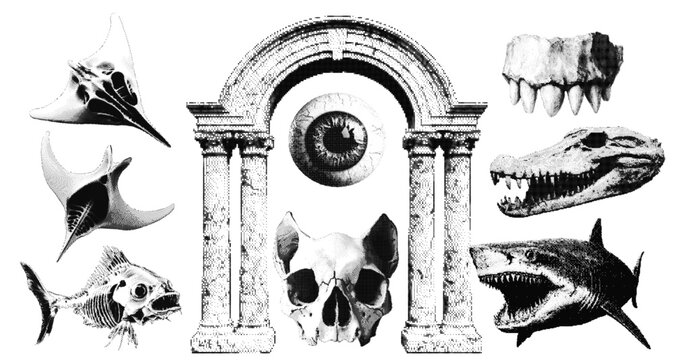 Strange series of halftone elements with pixels and squares effect. Skull, manta ray, fish, arch column, teeth, skeleton.