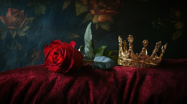 Regal rose and crown on velvet, floral backdrop