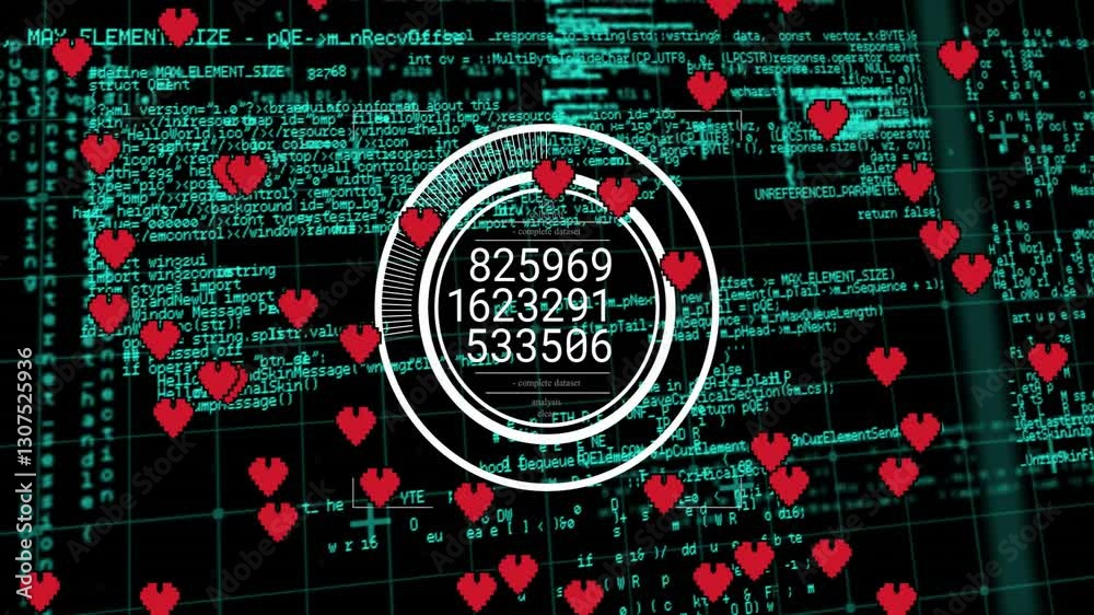  red heart icons with numerical data circles on digital code animation background