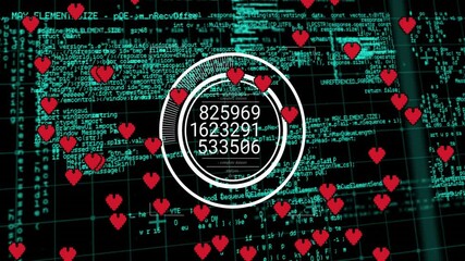 Red heart icons with numerical data circles on digital code animation background - Powered by Adobe