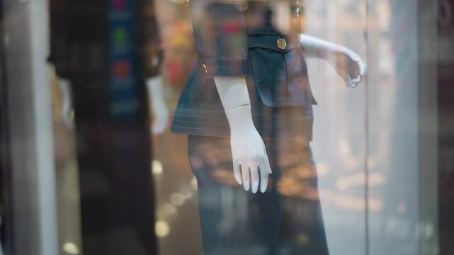 Close-up of mannequin in stylish blue outfit displayed behind glass with reflection of someone walking by, showcasing elegant fashion in retail store window with blurred background