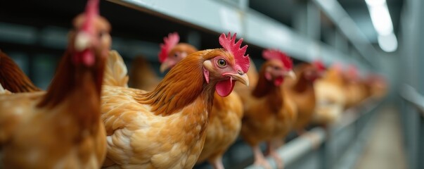 Close-up of chicken feeding system, automated feeder, indoor, intensive farming system, animal