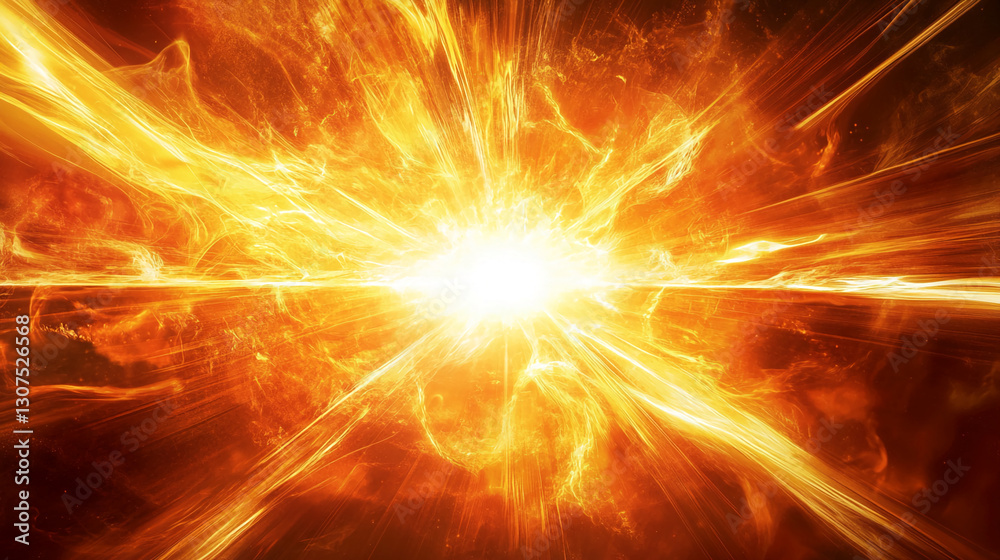 Poster abstract image of intense orange and yellow light radiating from a central point, resembling a fiery