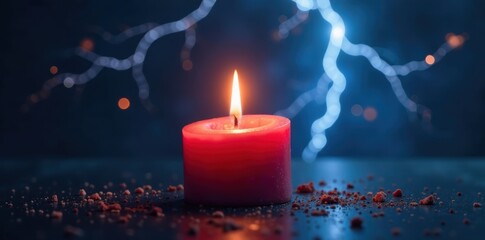 Close-up, single advent candle, dramatic lightning bolts, new, wax, close up