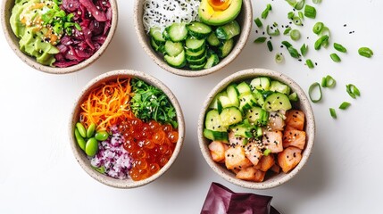 Poke bowls ready to go, with a craft bag included, isolated on a white background.