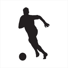 Dynamic black silhouette of a soccer player in motion, dribbling the ball in an athletic manner. This vector style illustration is ideal for sports related branding, soccer training materials.