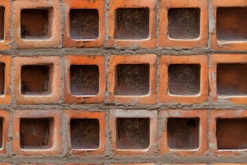 Seamless textured wall made of orange bricks with square cutouts. The bricks are arranged in a grid pattern, showcasing the hollow spaces between them.