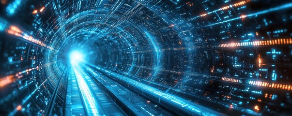 Obraz premium Futuristic Data Highway With Glowing Blue Light and Digital Patterns