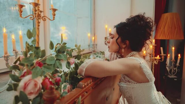 adult sexy girl princess looking out window waiting love bauty face. victorian lady historical Sad Fantasy woman queen elf, vintage white dress, room old style. fairy tale winter view, candles light