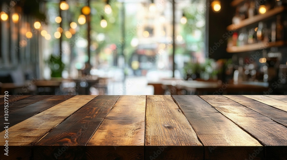 Poster a rustic wooden table awaits patrons in a warm, inviting cafe. softly blurred lights and greenery cr