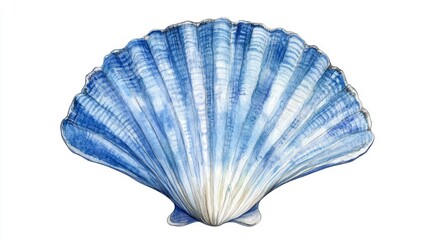 Blue seashell with detailed ridges on white background