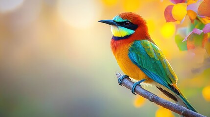 Obraz premium Colorful bird perches on branch in forest, sunny autumn day, foliage blurs in background