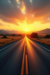 Fototapeta premium Golden hour illuminates a deserted asphalt highway cutting through a picturesque rural landscape , beautiful, peaceful, image