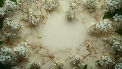 White Flowers on Beige Marble Background