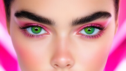 Fototapeta premium Close up of a woman's face with bright green eyes, dark eyebrows, and vibrant pink makeup. Sparkly accents add a touch of glamour. The background features a blurred pink and white design.