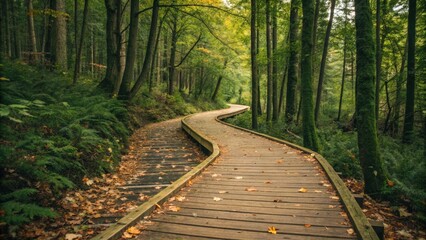 a winding wooden boardwalk through a lush, green forest. The pathway is surrounded by towering trees and verdant ferns. The sunlight filters through the leaves, casting dappled shadows on the ground.