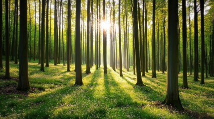 Obraz premium A serene forest scene with tall trees, sunlight filtering through leaves, and green grass, creating a tranquil atmosphere.