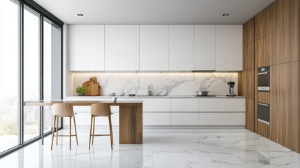 Sleek kitchen with white cabinets and wood accents, featuring marble flooring and walls.