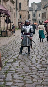 knight in armor on a crowded street