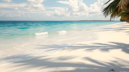 Fototapeta premium Serene tropical beach with soft sand, clear water, and palm trees under a sunny sky, perfect for relaxation and vacation. 