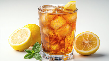 Fototapeta premium Iced Tea with Lemon and Mint on White Background Image With Lemon Slices And Mint Leaves On White Background Image With Iced Tea In Glass Cup, Refreshing Iced Tea With Lemon And Mint, Iced Tea In