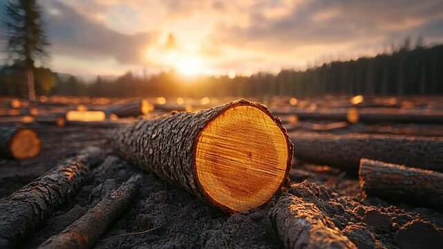 Cut timber logs on the forest floor at sunset