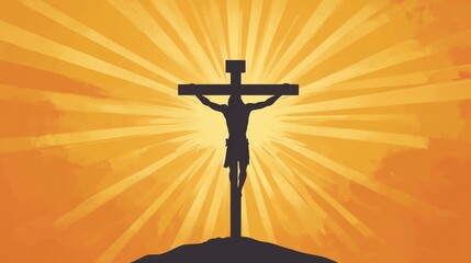 Silhouette of crucifixion on hill with radiant sunburst background
