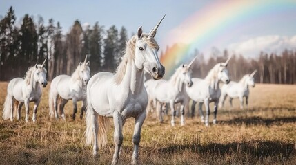 Obraz premium A serene scene featuring a group of majestic white unicorns in a golden field, illuminated by a vibrant rainbow in the background.