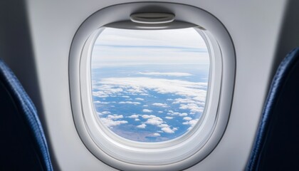 Fototapeta premium Airplane window view of Earth's cloudscape from inside the plane