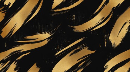 Fototapeta premium Abstract gold brush strokes on black background with dynamic, modern patterns