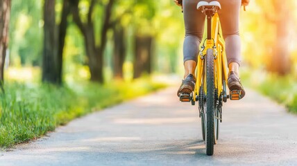 Green transportation concept. A person rides a yellow bicycle on a scenic path surrounded by trees during daylight.